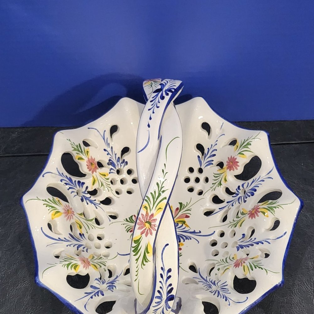 Rare Find: Vintage Hand Painted Floral Porcelain Basket Made in Portugal